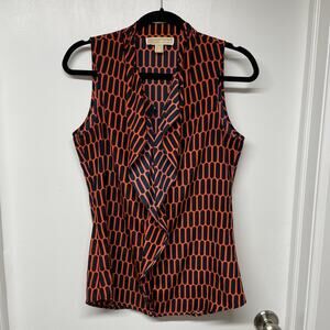 Michael Kors Navy and Orange Geometric Sleeveless Blouse